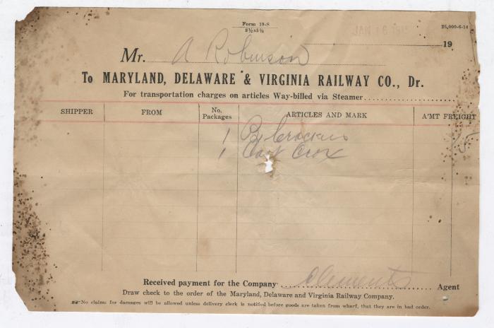 Abraham Robinson shipping bill, 1915 January 16