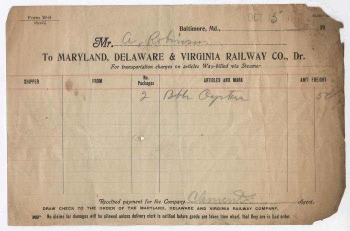 Abraham Robinson shipping bill, 1913 October 15