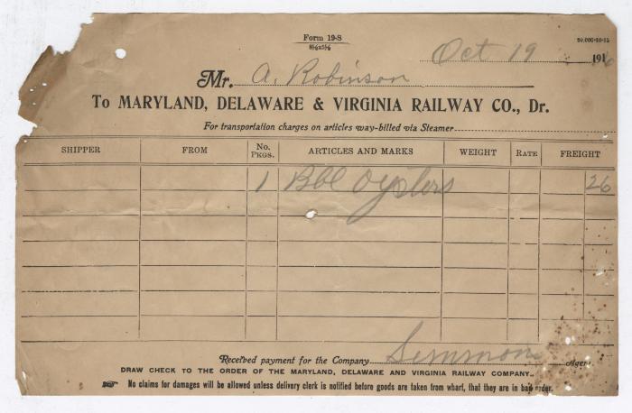 Abraham Robinson shipping bill, 1916 October 19