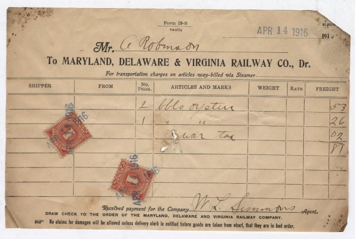 Abraham Robinson shipping bill, 1916 April 14