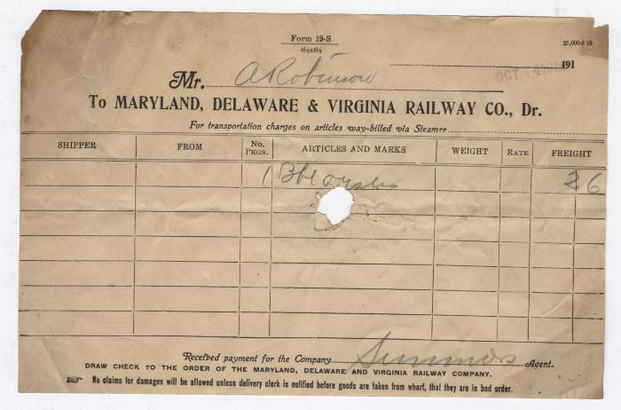 Abraham Robinson shipping bill, 1916 October 14