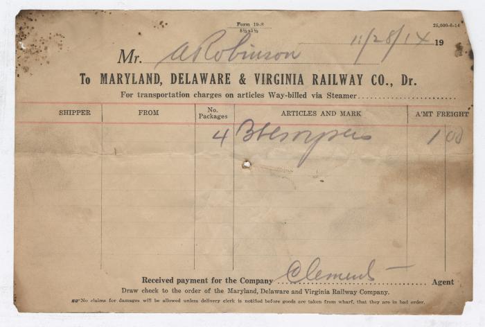 Abraham Robinson shipping bill, 1914 November 28