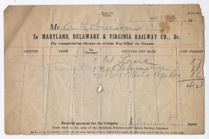 Abraham Robinson shipping bill, 1915 May 27