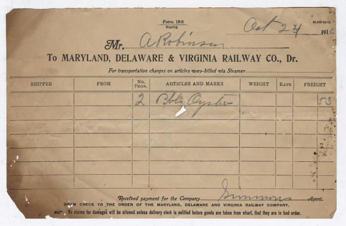 Abraham Robinson shipping bill, 1916 October 24