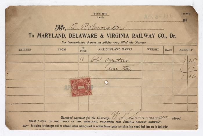 Abraham Robinson shipping bill, 1916 April 8