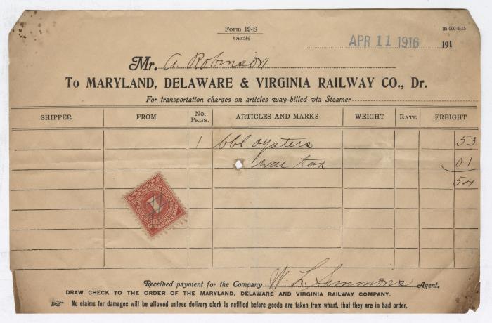 Abraham Robinson shipping bill, 1916 April 11