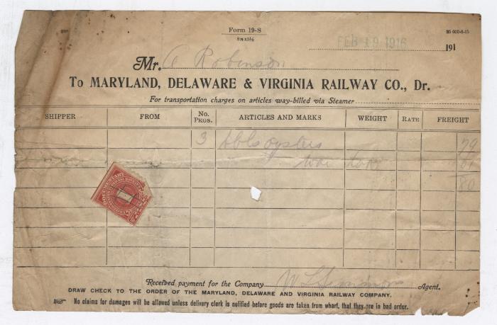 Abraham Robinson shipping bill, 1916 February 19