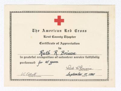 Certification of achievement for Ruth Ringgold Briscoe from the American Red Cross