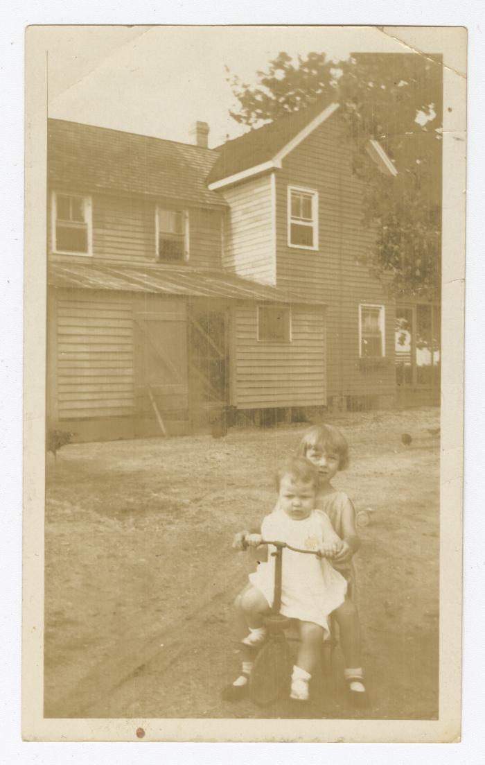 Two young children on a tricycle 