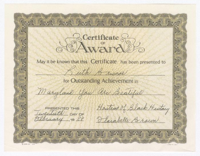 Certificate of Award for Ruth Ringgold Briscoe for outstanding achievement in “Maryland You Are Beautiful”