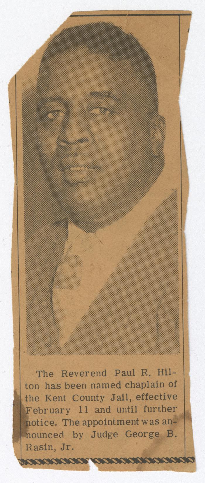 Newspaper cutting of Reverend Paul R. Hilton