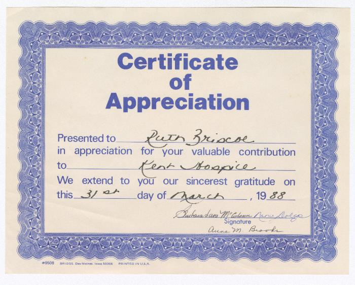 Certificate of Appreciation for Ruth Ringgold Briscoe 