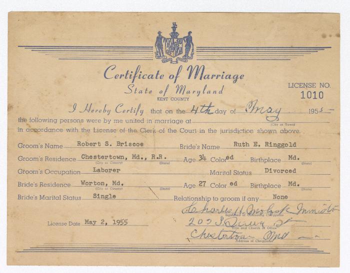 Certificate of marriage between Robert S. Briscoe and Ruth E. Ringgold