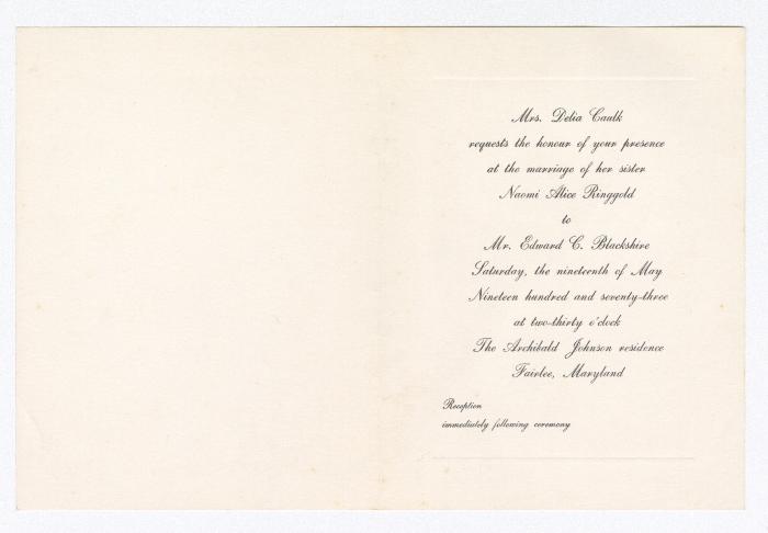 Wedding invitation for Naomi Alice Ringgold and Edward C. Blackshire