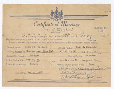 Certificate of marriage between Robert S. Briscoe and Ruth E. Ringgold