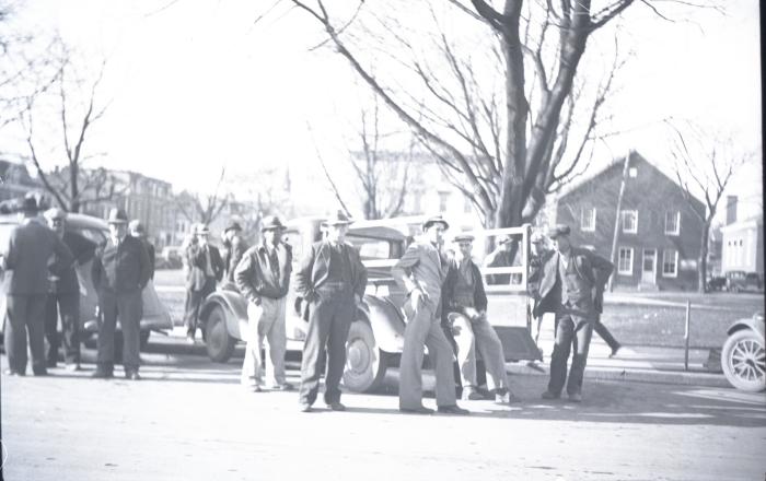 Crowd watching the recover of a wagon accident on High Street, Chestertown, MD