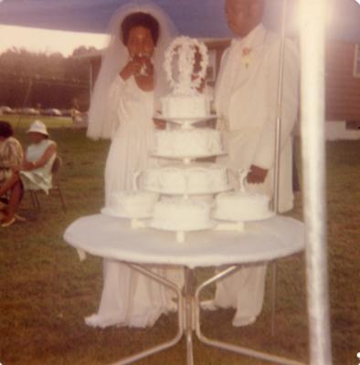 Bride and groom with the wedding cake