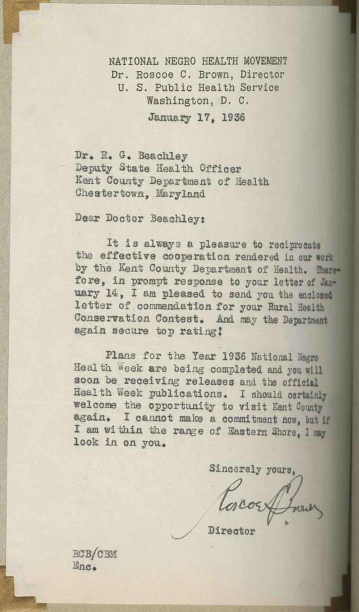 Dr. Roscoe C. Brown letter