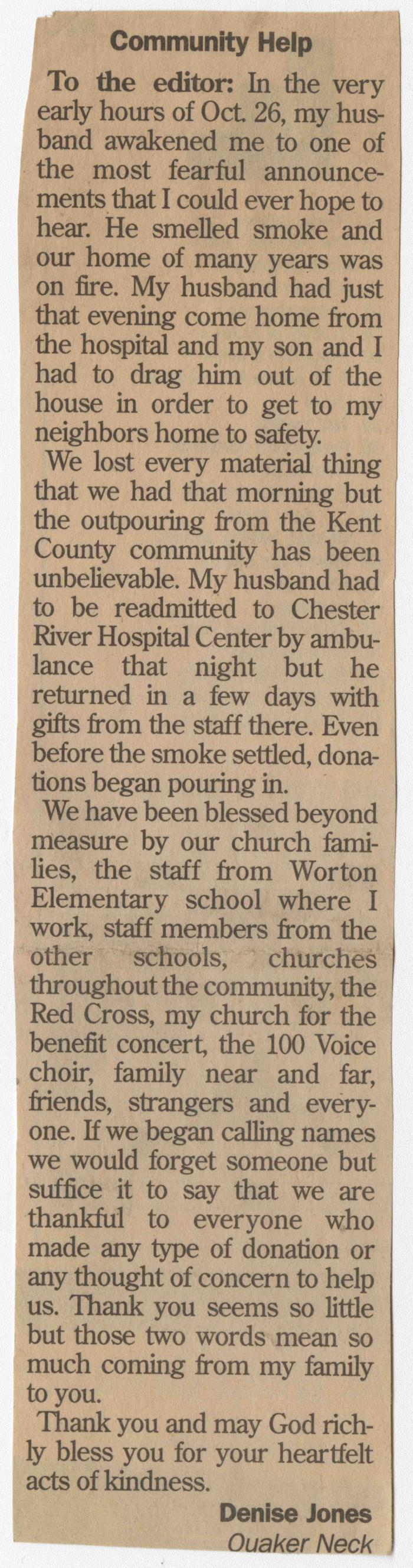 "Community Help" letter from Denise Jones of Quaker Neck