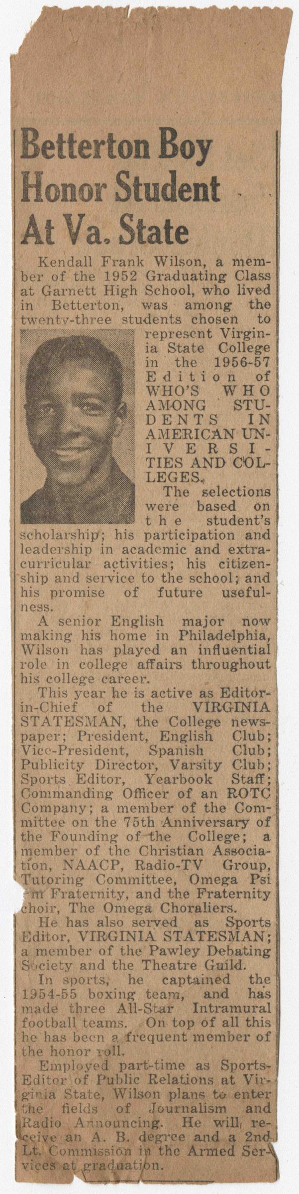 Kendall Frank Wilson - "Betterton Boy Honor Student At Va. State"