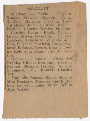 Newspaper clipping of student names from Garnett