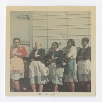 Marjorie Gilbert, Dorothy Plummer, Mary Smith, Elaine Hopkins, and "Babe" Goldsboro standing together outside of VITA Foods