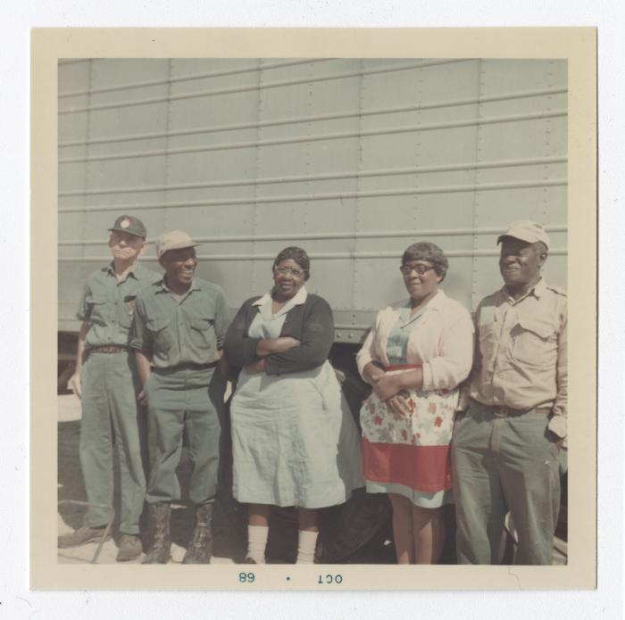 John Biggers, James Lomax, Mildred Griffin, Inez Garner, and R. Henry Ford standing outside VITA Foods