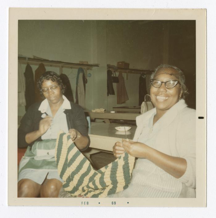 Crocheting during break at VITA Foods