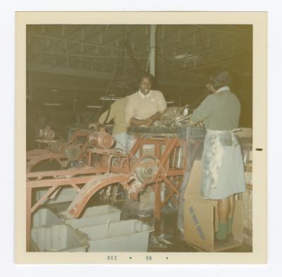 Doris Green and Geraldine Brooks at the VITA Foods fish processing machine