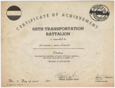 Certificate of Achievement - 68th Transportation Batallion