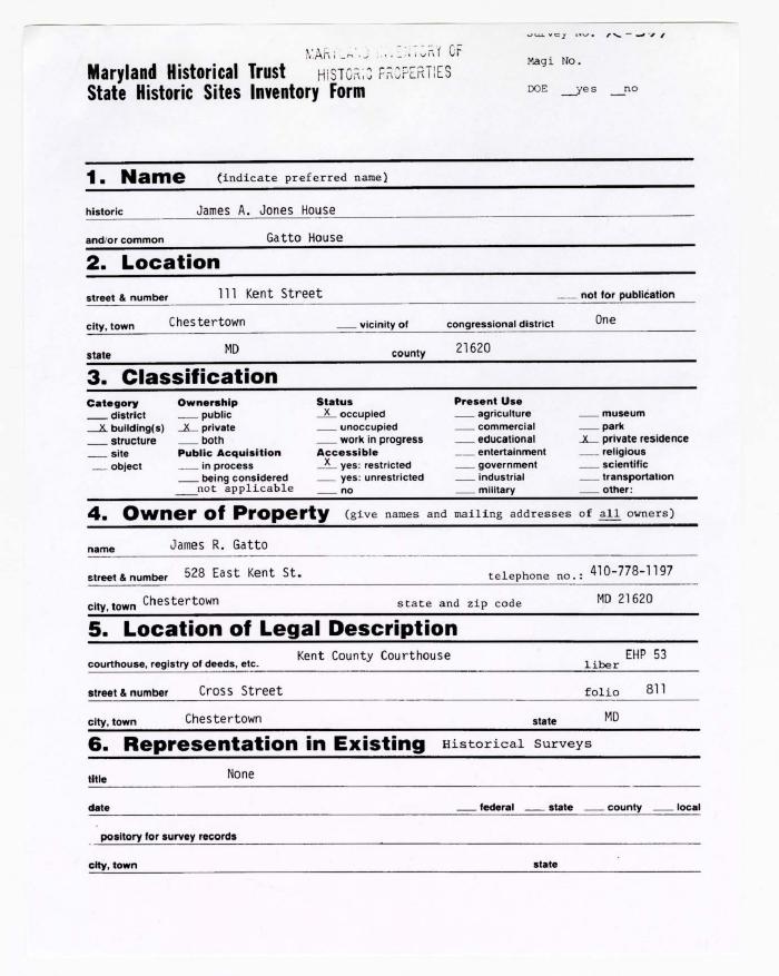 Maryland Historical Trust's inventory form for the James A. Jones House