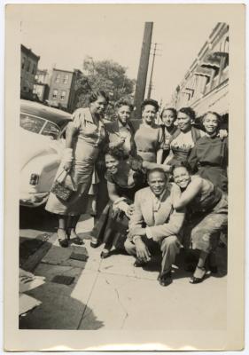 Guests outside the wedding reception of James and Gertrude Manuel