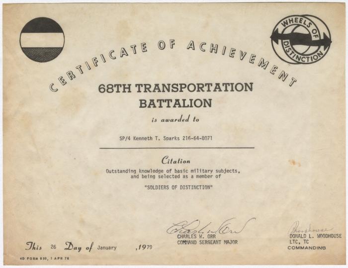 Certificate of Achievement - 68th Transportation Batallion
