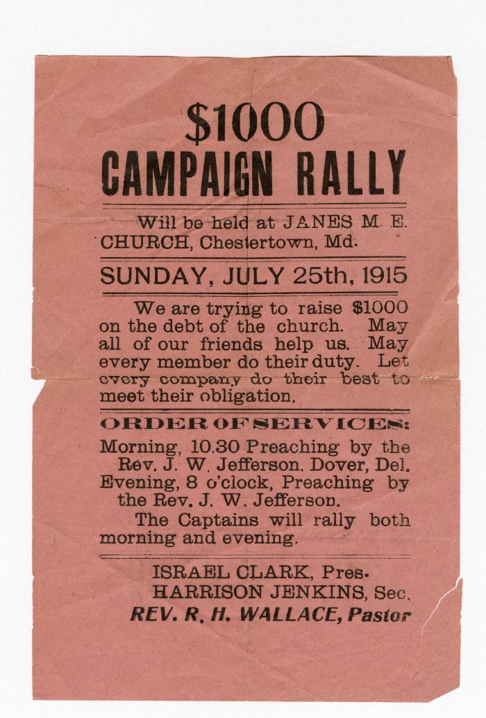 Flier for Janes M.E. Church's fundraising campaign