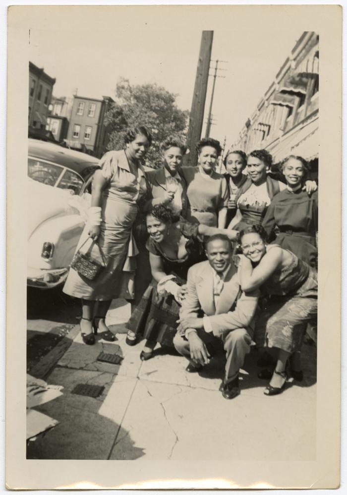 Guests outside the wedding reception of James and Gertrude Manuel