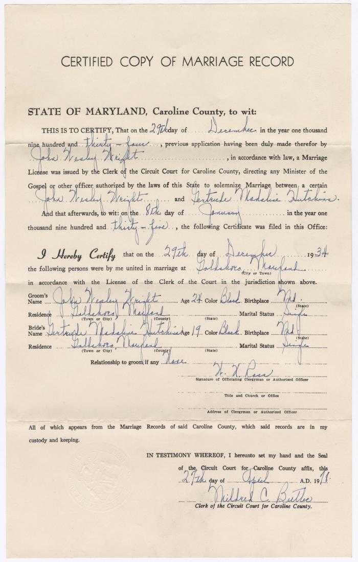 A State of Maryland marriage certificate for John Wesley Wright and Gertrude Madeline Hutchins, December 29, 1934. 