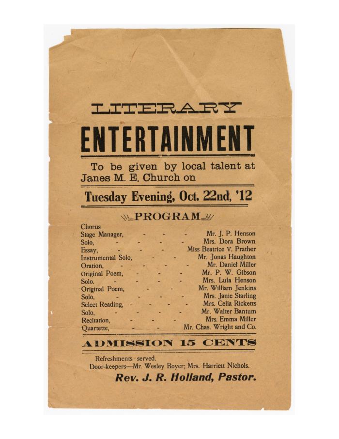 Flyer for "Literary Entertainment" at Janes M.E. Church