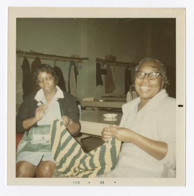 Crocheting during break at VITA Foods