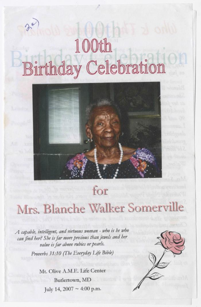 Program: 100th Birthday Celebration for Blanche Walker Somerville, July 14, 2007