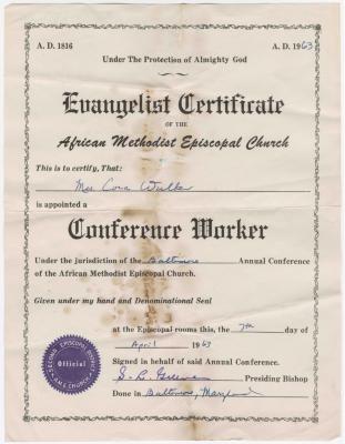 Evangelist certificate of the African Methodist Episcopal Church for Cora Walker as a conference worker