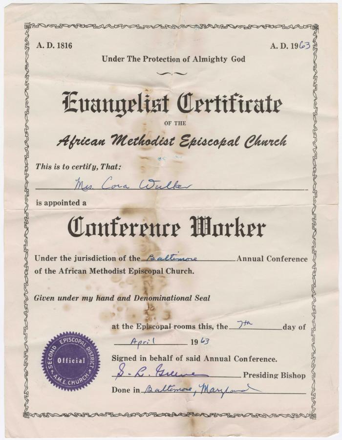 Evangelist certificate of the African Methodist Episcopal Church for Cora Walker as a conference worker