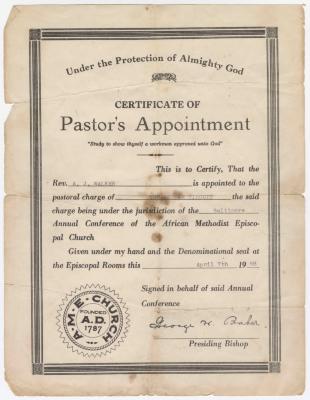 Certificate of Pastor's Appointment, A.J. Walker, April 7, 1968