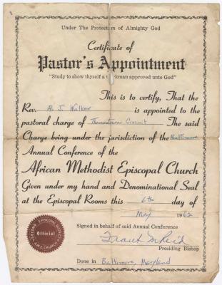 Certificate of Pastor's Appointment, Reverend A.J. Walker