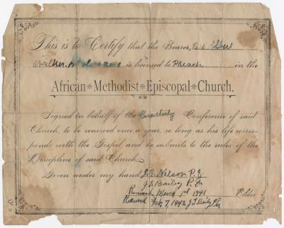 Albert Walker's A.M.E Church certificate granting license to preach 