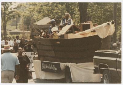 Wooden boat float, "School's out and so are drugs"