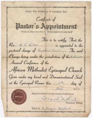 Certificate of Pastor's Appointment, Reverend A.J. Walker