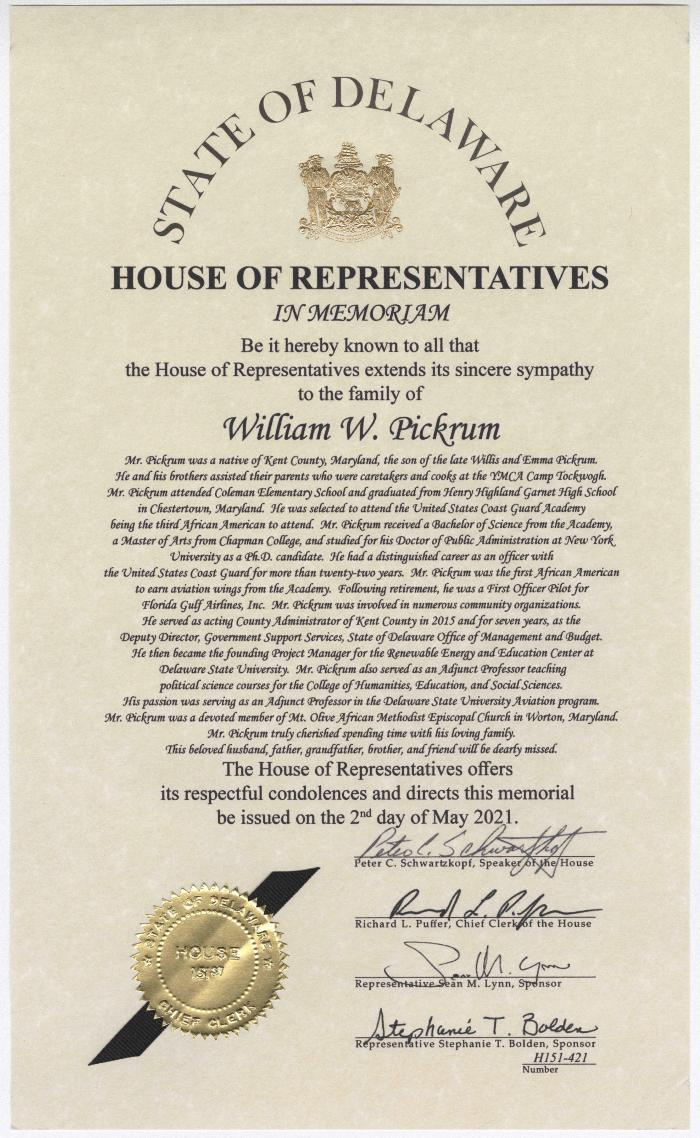 Delaware House of Representatives memorial for William Pickrum