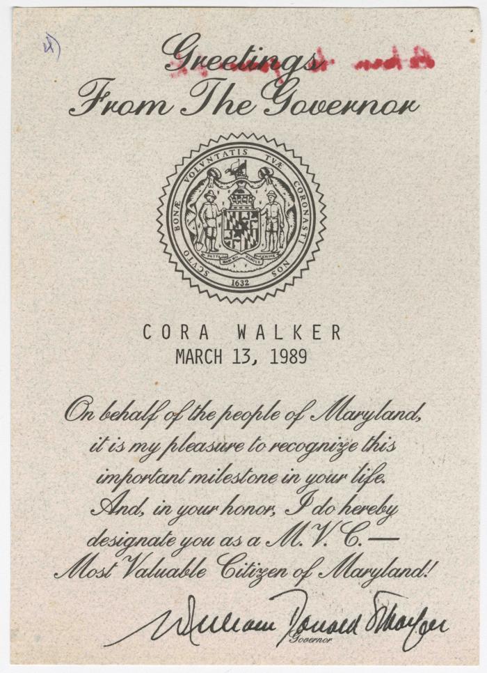 "Most Valuable Citizen of Maryland," Cora Walker