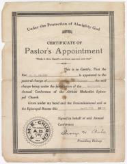 Certificate of Pastor's Appointment, A.J. Walker, April 7, 1968