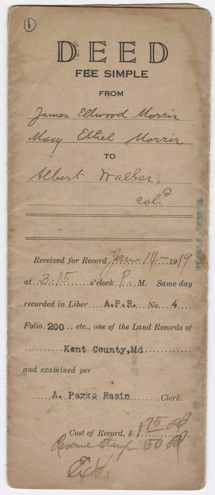 Deed: James Elwood Morris and Mary Ethel Morris to Albert Walker, January 11, 1919